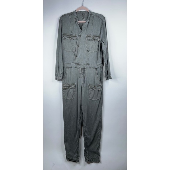 NSF Asymmetric Button Front Jumpsuit Long Sleeve Green Gray Relaxed Miche Small - Picture 1 of 14